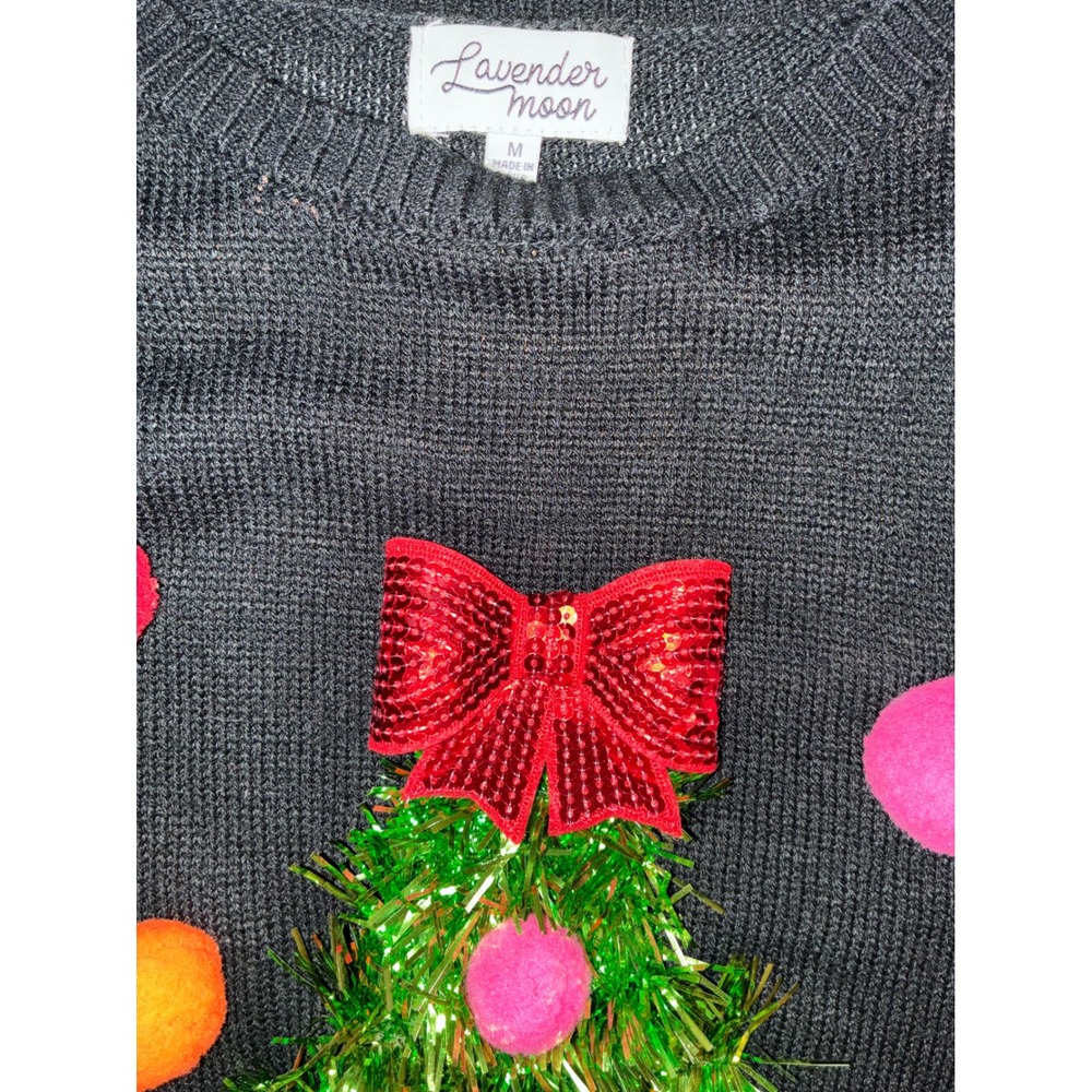 Lavender Moon Womens Black Tinsel Christmas Tree Sweater Poms Sequin Bow M READ - Picture 4 of 10